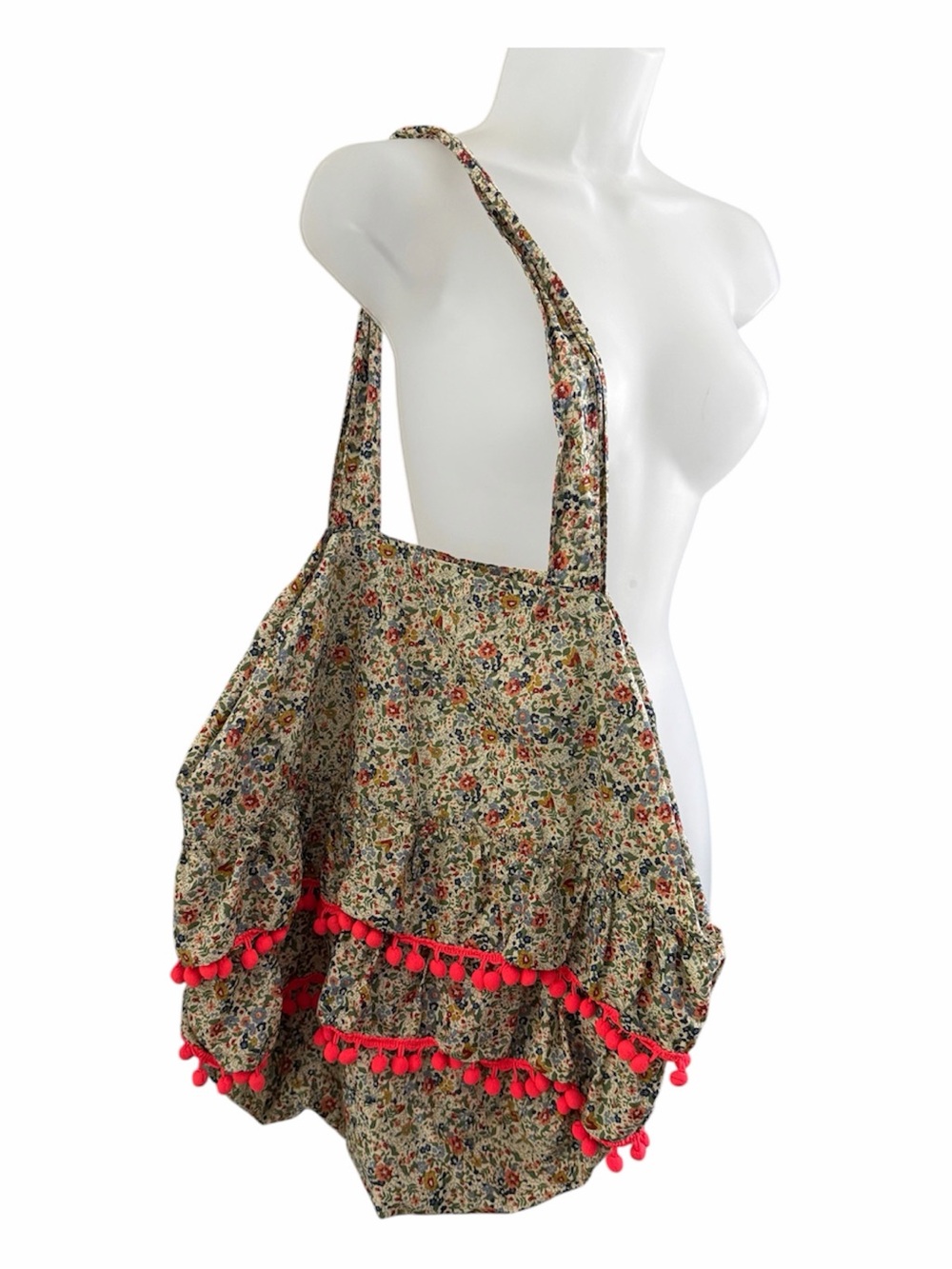 NATURAL LIFE Beige Floral Shoulder Bag with Red Pom-Pom Trim